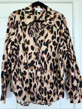 Never Fully Dress Linen Leopard Print Button-Down Shirt in Beige, Black and Pink